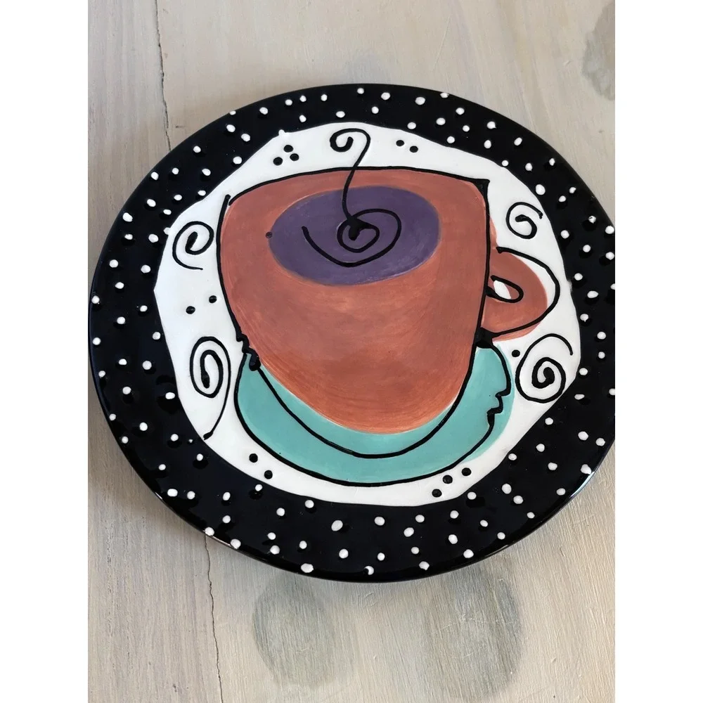 Joanne deLomba for Lotus Whimsical Coffee Cup Salad Plates Set of 2 Black 8 Inch